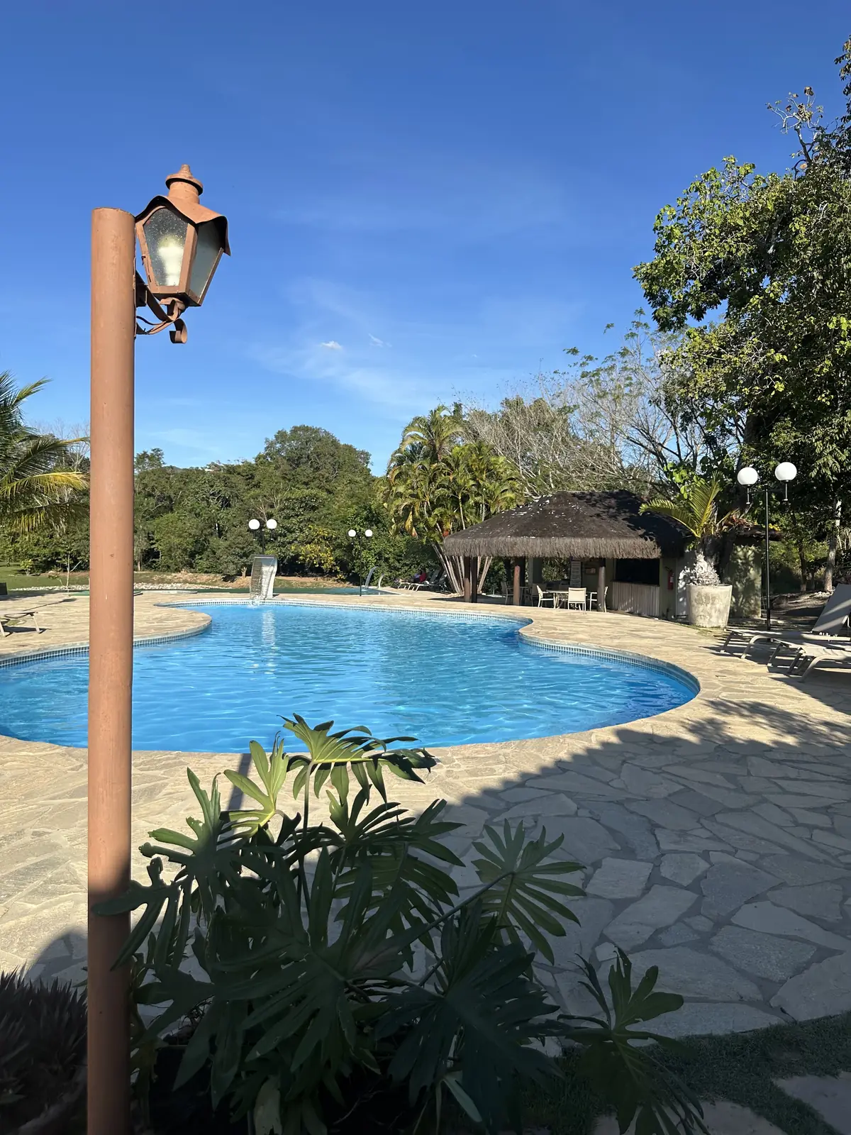 Área de piscinas do Manduzanzan em meio ao jardim